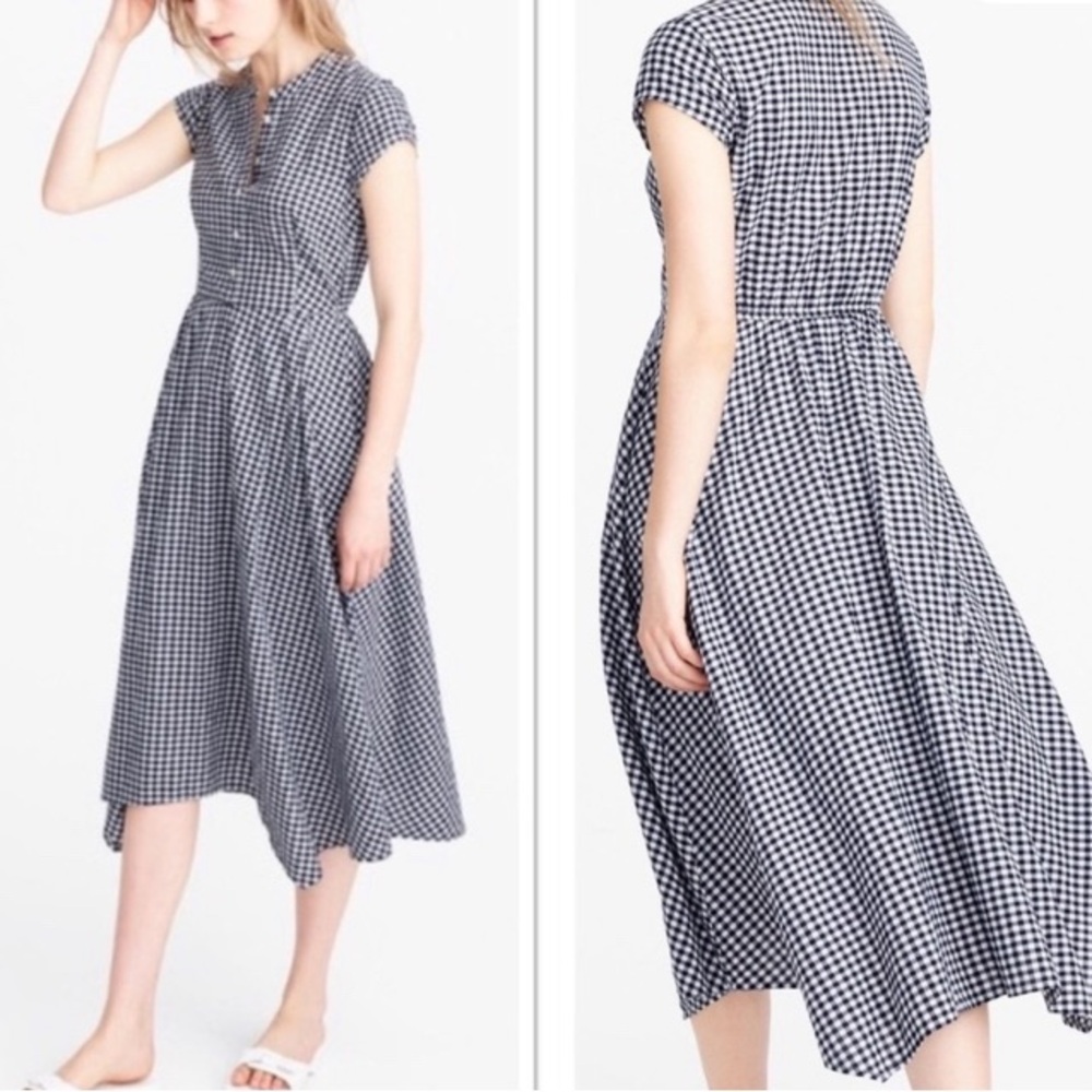 J. Crew gingham navy and white midi aline button up dress